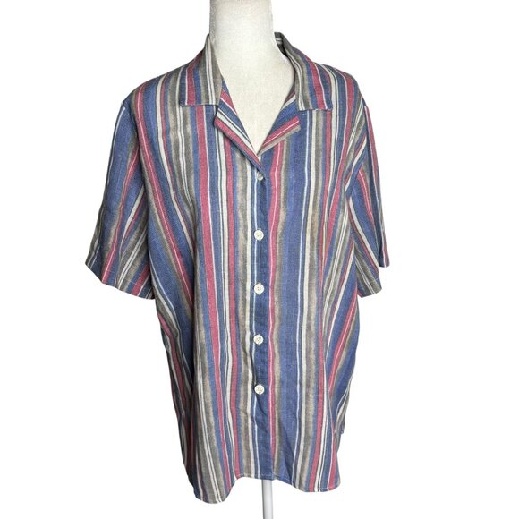Vintage 90s Striped Button Up Shirt XL Short Sleeve Lightweight Collared - Picture 1 of 6
